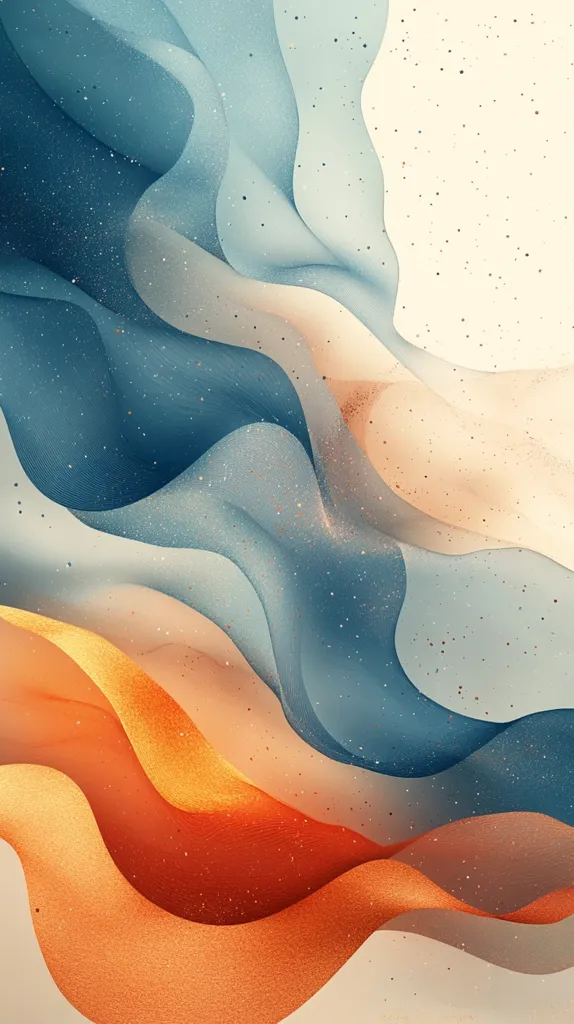 The image showcases an abstract design featuring flowing, translucent waves in varying shades of teal, beige, and burnt orange.  The colors blend seamlessly, creating a soft, ethereal effect.  Subtle flecks of glitter are scattered throughout the design, adding a touch of sparkle. The overall aesthetic is calming and visually appealing, reminiscent of flowing fabric or water.  The warm and cool tones contrast beautifully against a light beige background.