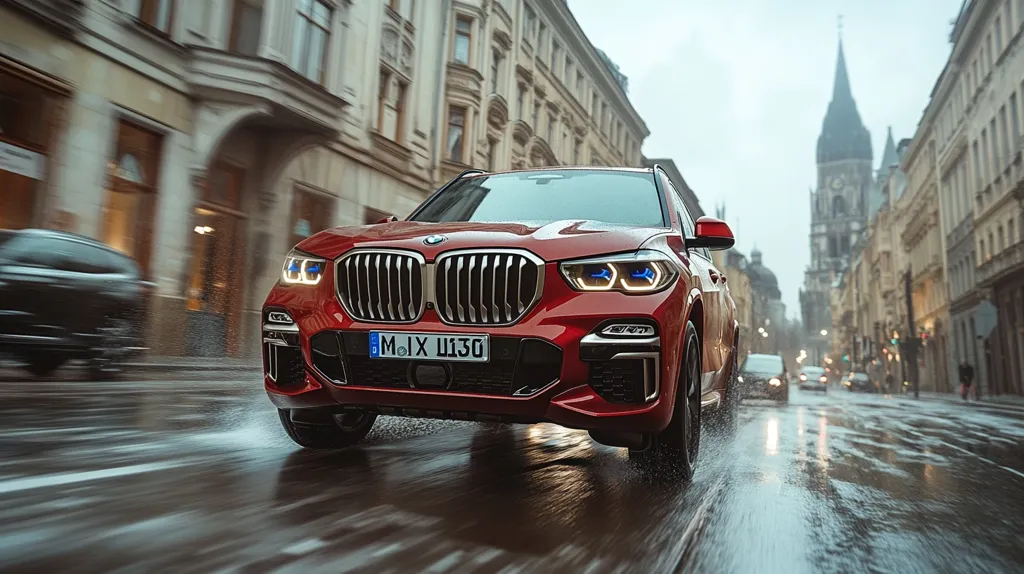 Here's a description of the image:

A vibrant red BMW X5 SUV speeds down a rain-slicked city street.  The car's headlights illuminate the wet pavement, creating a dynamic sense of motion.  The background features classic European architecture, with tall buildings and a church steeple partially visible in the distance. The overall atmosphere is one of sleek, powerful motion contrasted with the elegant, historical setting.  The car's license plate is clearly visible, suggesting a focus on the vehicle itself. A blurred car is visible in the background to the left, highlighting the movement of the scene.