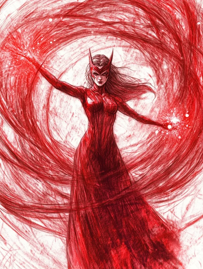 The image is a stylized pencil sketch of Scarlet Witch, a Marvel Comics character.  She is depicted in a flowing, crimson dress, her long red hair cascading around her.  Her hands are outstretched, emanating swirling red energy that forms a vortex around her.  The overall style is dynamic and expressive, emphasizing her power and magical abilities. The red tones are dominant, creating a striking visual effect against the white background. The sketchy, textured lines suggest movement and chaos.