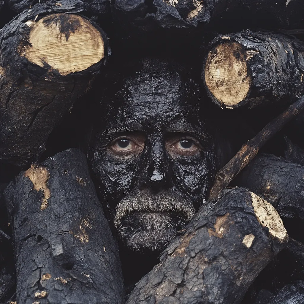 Here is a description of the image:

Close-up view of an older man's face, heavily coated in a dark, possibly tar-like substance. His expression is serious and somewhat somber.  The man is partially obscured by a pile of dark, charred logs, which surround him on all sides. The contrast between the dark substance on his skin and the dark wood creates a dramatic, almost mysterious effect. His graying beard and mustache are visible beneath the coating. The overall mood is one of intensity and possibly hardship or age.
