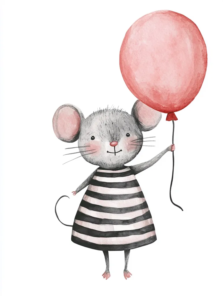 Here's a description of the image:

A charming watercolor illustration depicts a cute mouse holding a light pink balloon. The mouse, rendered in shades of gray, sports a black and white striped dress. Its large ears and small, smiling face add to its endearing charm. The balloon, a soft pink, is attached to the mouse's tiny paw with a thin string. The style is whimsical and childlike, perfect for children's books or decorations. The background is a clean white, allowing the mouse and balloon to stand out vividly.