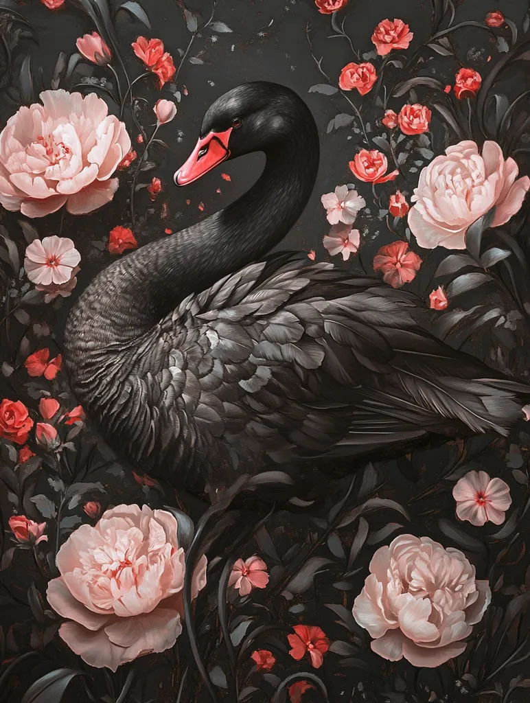 A striking image depicts a black swan nestled amongst a profusion of dark pink and red peonies and smaller blossoms. The swan's sleek, dark plumage contrasts sharply with the lighter flowers, creating a visually captivating interplay of color and texture. The dark background emphasizes the swan and the flowers, creating a sense of depth and mystery.  The overall style suggests a painterly, almost Baroque aesthetic. The image is rich in detail, showcasing both the fine feathers of the swan and the delicate petals of the flowers.