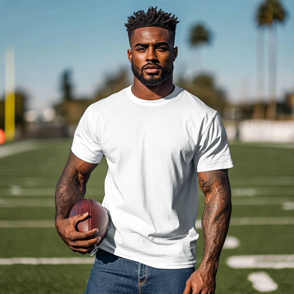 A muscular Black man with a short, textured afro stands on a football field. He's dressed in a plain white t-shirt and blue jeans, casually holding an American football at his side.  His arms are noticeably toned, and he has tattoos on his forearms. The background is blurred, showing a sunny day and the green field. He gazes directly at the camera with a serious expression.
