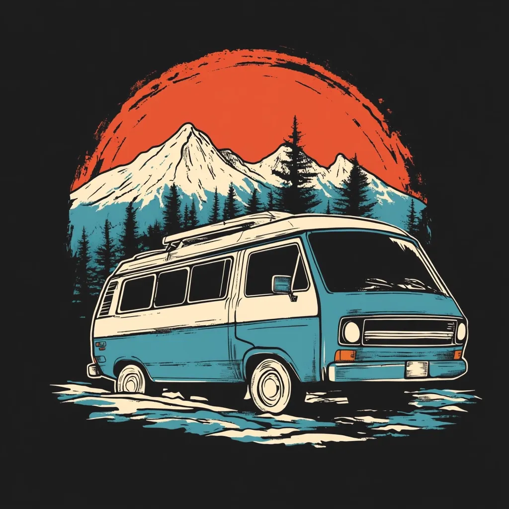 Here's a description of the image:

The illustration showcases a vintage camper van, rendered in a retro style, parked in a snowy mountainous landscape.  The van is light blue and white, detailed with a roof rack.  Behind it, a majestic mountain range is silhouetted against a large, stylized orange sun, evoking a feeling of sunset or sunrise.  Dark evergreen trees line the base of the mountains, creating a serene and adventurous atmosphere. The overall style is reminiscent of vintage travel posters or adventure-themed artwork. The color palette is muted and earthy, emphasizing the natural setting.