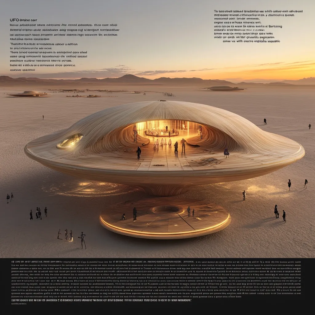 Here's a description of the image:

The image depicts an architectural rendering of a large, saucer-shaped structure, reminiscent of a UFO, situated in a vast, flat desert landscape under a setting sun. The structure is primarily composed of light-brown wood, with a circular, open interior revealing a dimly lit space that appears to be a gathering place.  Small figures of people are scattered around the structure, both inside and outside, giving a sense of scale. The overall design is futuristic yet organic, seamlessly blending into the natural environment.  The surrounding landscape is barren and desolate, enhancing the otherworldly feel of the central structure.  Text surrounding the image appears to be descriptive, possibly in multiple languages.