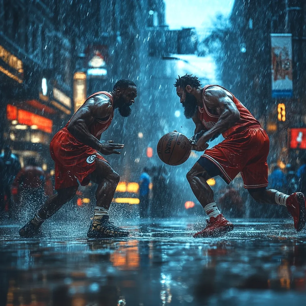 Here's a description of the image:

Two muscular basketball players, clad in identical red jerseys and shorts, intensely compete in a one-on-one match amidst a torrential downpour.  The rain creates a dramatic, almost cinematic atmosphere, with water splashing around their feet as they battle for possession of the basketball. The urban backdrop of a city street, blurred by the rain, adds to the dynamic energy of the scene. The players' focused expressions and powerful stances convey the high stakes of their contest.  The wet city reflects the neon lights, enhancing the moody and intense ambiance.