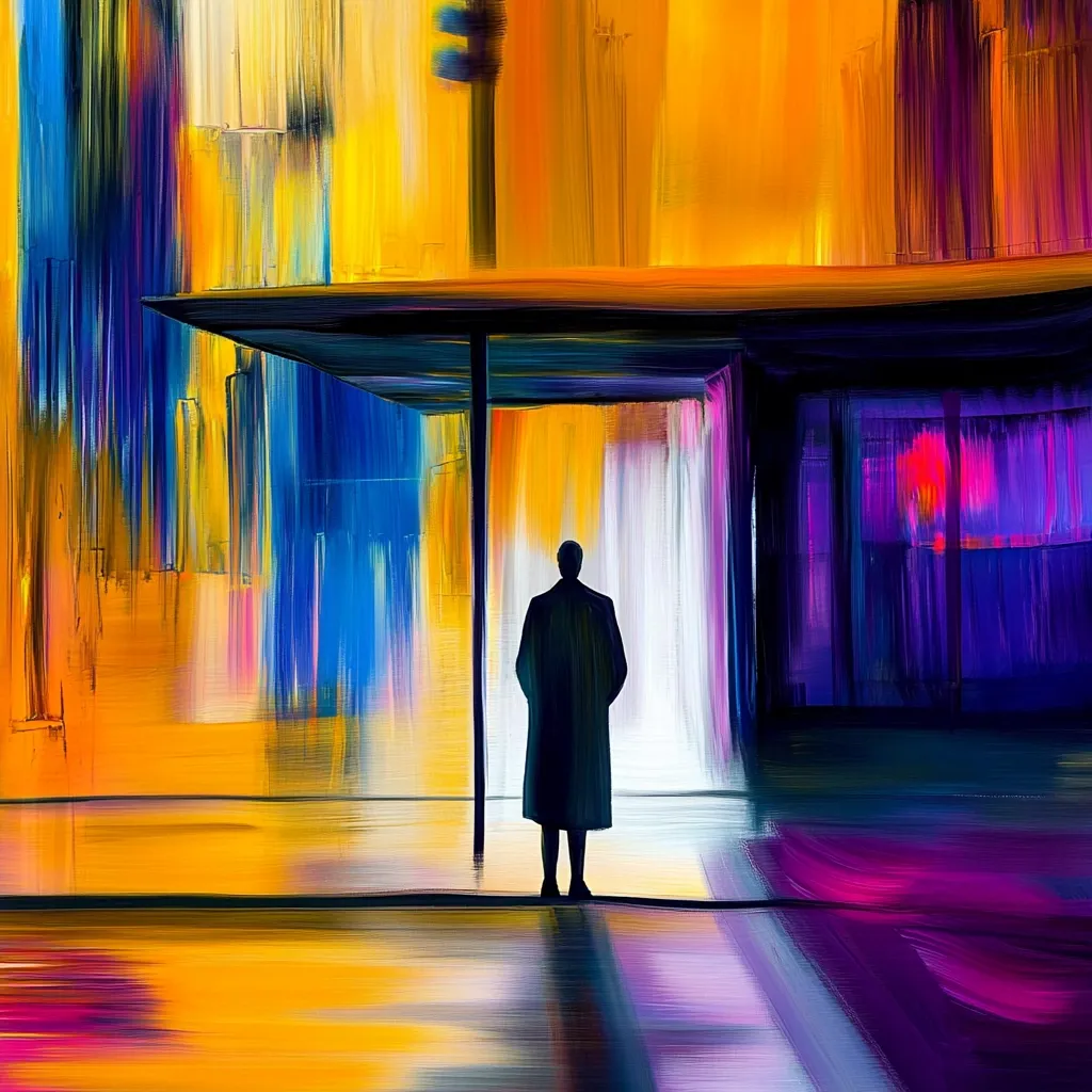 The painting depicts a solitary figure in a coat, standing under a modern architectural overhang.  The figure is silhouetted, facing away from the viewer, creating a sense of mystery and contemplation. The background is an abstract expression of vibrant, thick brushstrokes in warm oranges, yellows, blues, and purples, suggesting a cityscape or urban environment. The contrast between the stark figure and the energetic background emphasizes the theme of isolation within a bustling setting. The overall style is impressionistic, conveying emotion and atmosphere more than precise detail.
