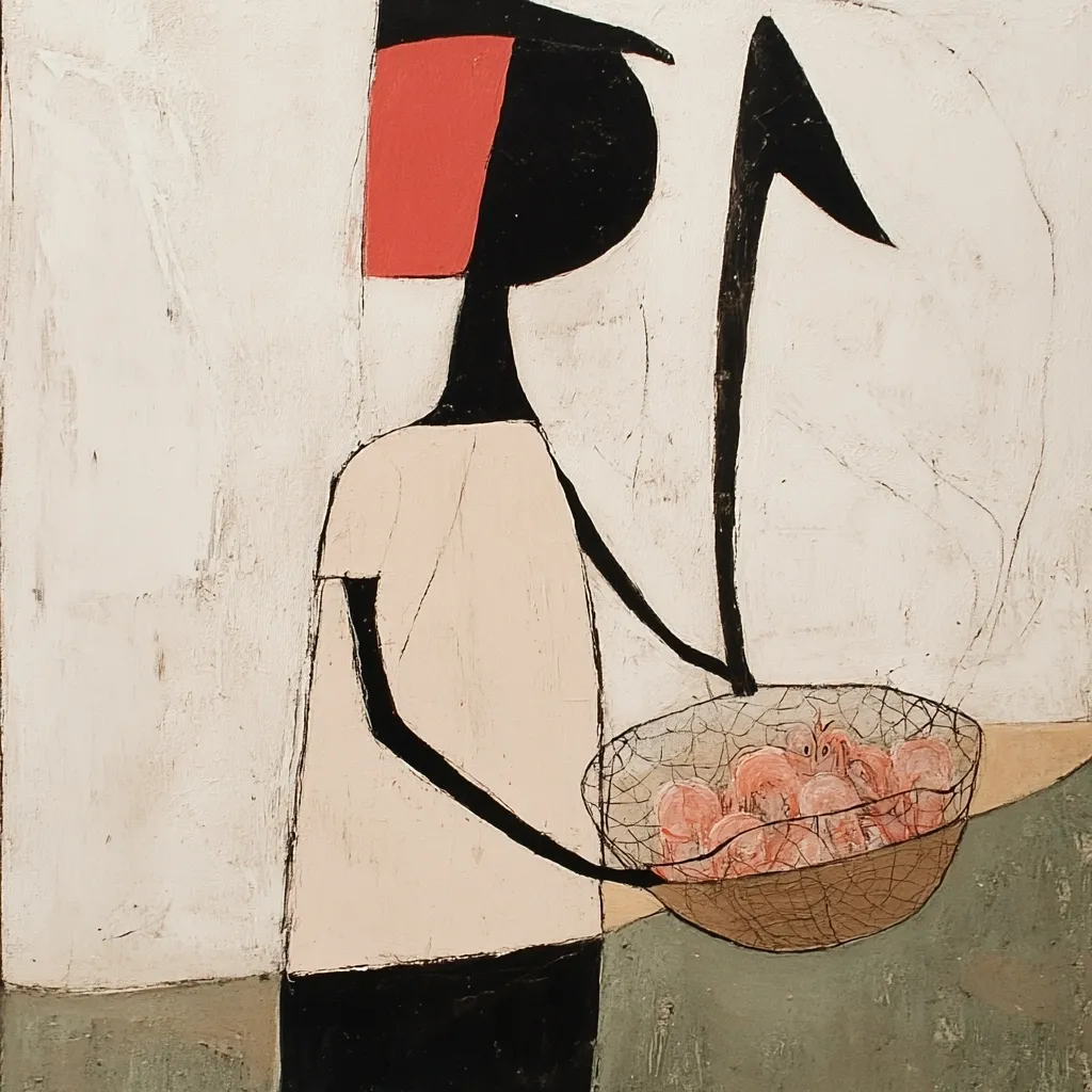 The painting depicts a stylized figure, possibly female, with a simplified, almost geometric form.  She's dressed in a pale pink tunic and dark bottoms, and carries a woven basket brimming with pink shrimp. A large, dark, arrow-like shape extends from her hand, adding an element of mystery. The background is textured off-white with subtle hints of color, contrasting with the bold, flat colors of the figure and basket. The overall style is reminiscent of mid-20th-century modern art, emphasizing form and color over realistic detail.