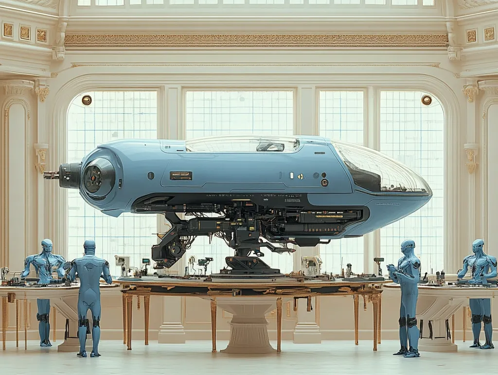 A futuristic, light-blue submersible or spacecraft is the centerpiece of this image, displayed in a grand, classical setting.  Four pale blue, humanoid robots stand around a large, ornate table flanking the craft.  The robots appear to be examining or working on the vehicle, which is mounted on a stand. The opulent room with tall windows and classical architecture creates a striking contrast to the sleek, technological device.  The scene suggests a blend of old-world elegance and advanced technology.
