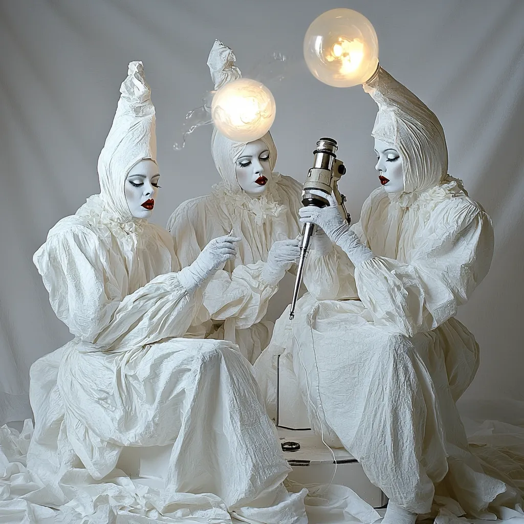 Three figures in flowing white, hooded robes, resembling stylized mimes or clowns, are seated around a vintage-looking scientific instrument.  Each figure wears a unique, bulbous headpiece resembling a light fixture.  Two glowing light orbs hover above two of the figures. The scene is set against a plain white backdrop, creating a surreal and somewhat unsettling atmosphere.  The overall image suggests a blend of science, performance art, and a touch of the uncanny.