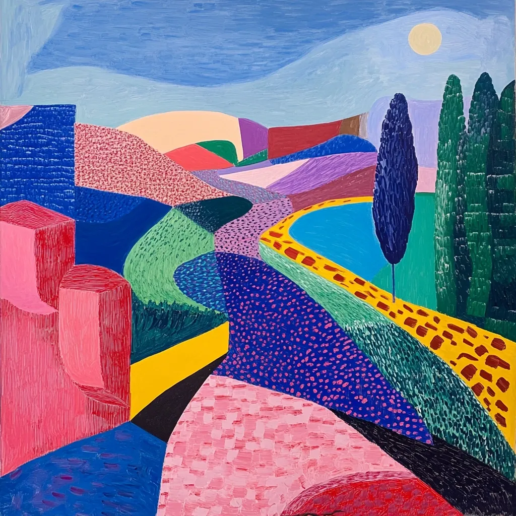 This vibrant painting depicts a stylized landscape. Bold, geometric shapes represent hills and fields in a spectrum of pinks, purples, greens, and blues.  A winding yellow path leads to a teal pond, bordered by a reddish-brown textured line.  Tall, dark green trees stand against a pale blue sky, punctuated by a bright yellow sun.  The artist uses thick, textured brushstrokes and a playful juxtaposition of colors and shapes to create a dreamlike, almost abstract, portrayal of nature.  Pink, cubist-like structures are prominent in the foreground.