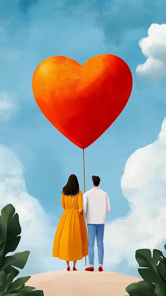 Here's a description of the image:

The illustration depicts a romantic scene under a bright blue sky dotted with fluffy white clouds.  A large, vibrant orange heart-shaped balloon floats above a couple standing on a hill. The woman wears a flowing yellow dress, and the man is dressed in a white shirt and blue jeans. They stand hand-in-hand, their backs to the viewer, gazing at the heart balloon. Lush green tropical leaves frame the lower corners of the artwork, adding a touch of natural beauty to the scene. The overall style is whimsical and evokes a feeling of love and hope.