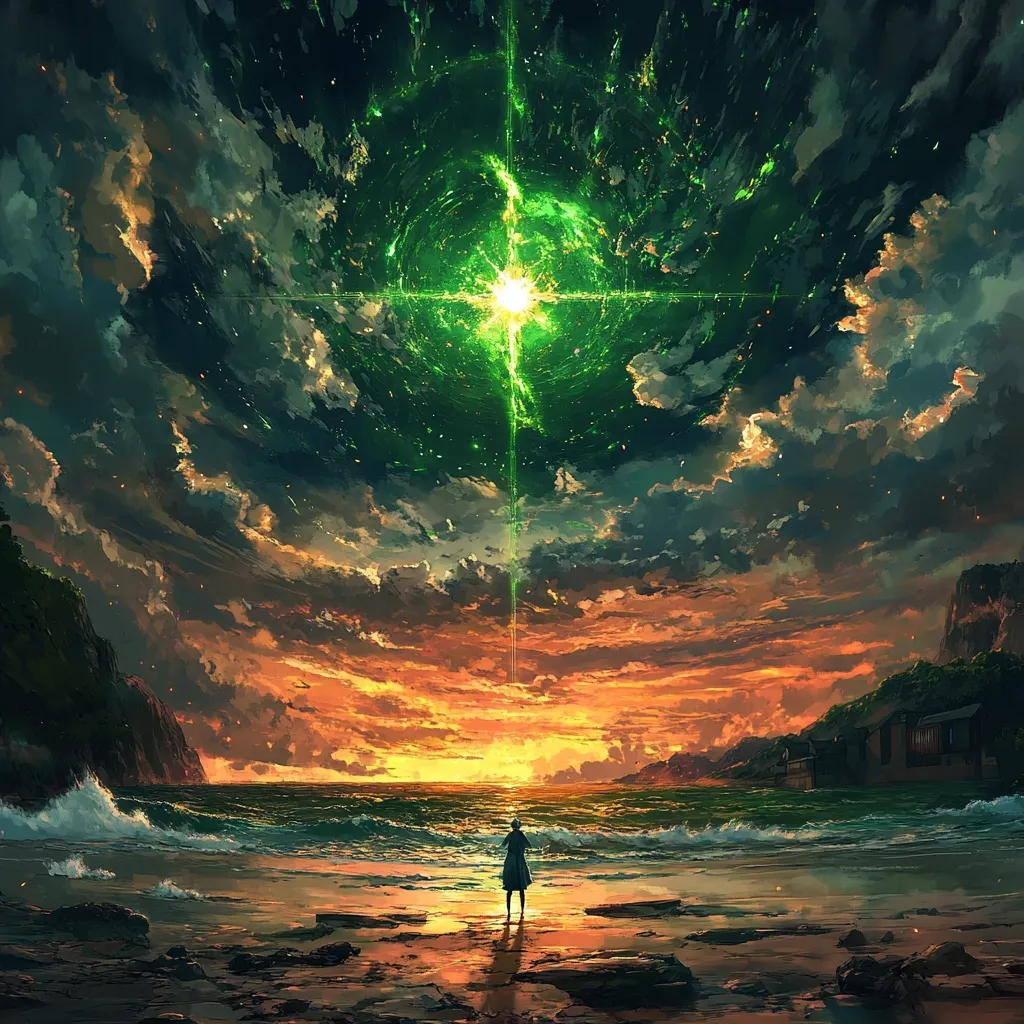 A solitary figure stands on a beach at sunset, gazing upwards at a vibrant, swirling green energy beam piercing the dramatic, fiery sky.  Dark clouds fill the upper atmosphere, contrasting with the warm hues of the twilight.  The ocean waves gently lap the shore, and a small village is visible in the distance.  The overall scene evokes a sense of wonder and mystery, hinting at a powerful, otherworldly event.