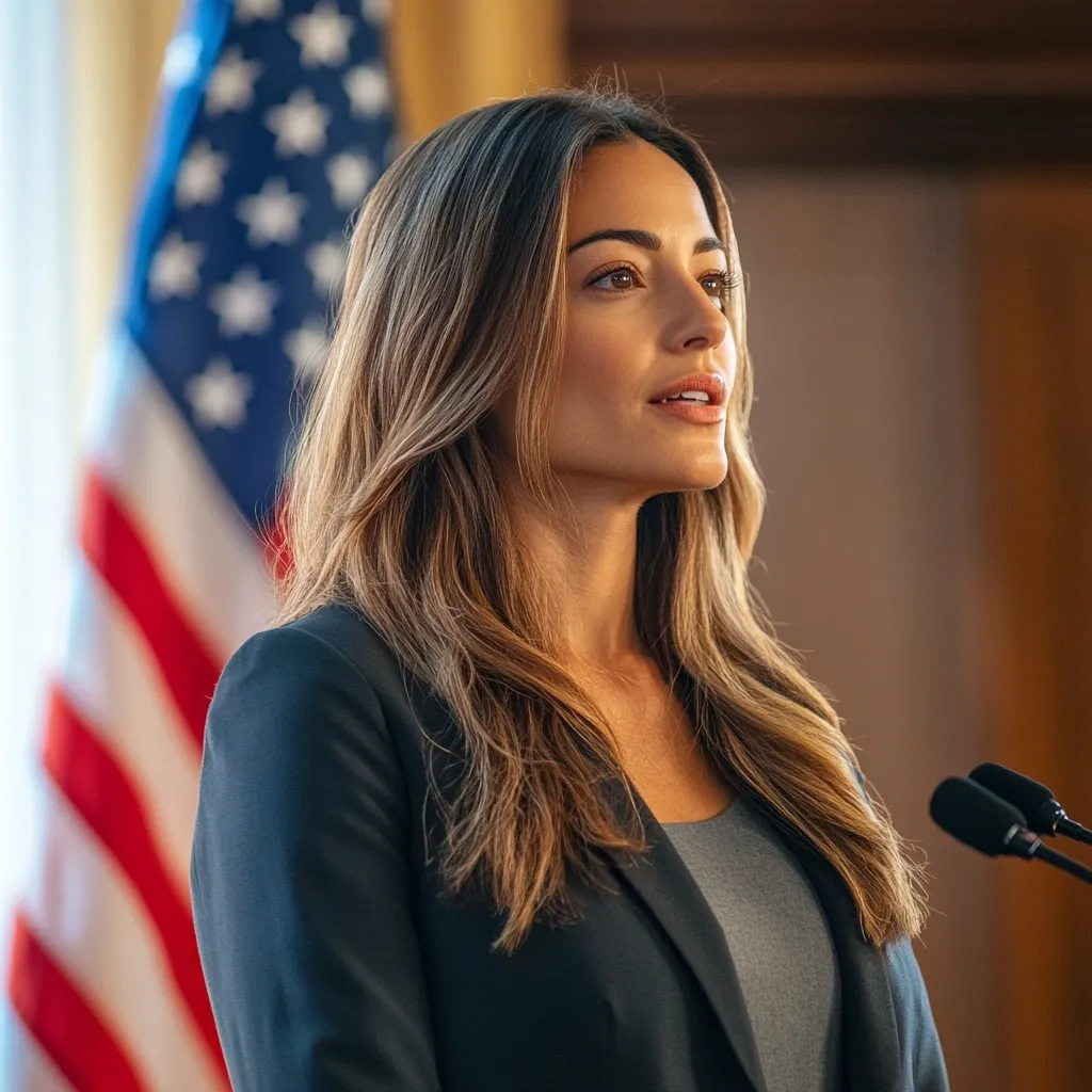 A woman with long brown hair, wearing a dark blazer, stands slightly turned, her gaze directed upward and to her right.  An American flag is blurred in the background, suggesting a formal setting, perhaps a press conference or political event.  A microphone is visible in the bottom right corner, implying she is about to speak. Her expression is serious and attentive.  The image conveys a sense of professionalism and possibly political importance.