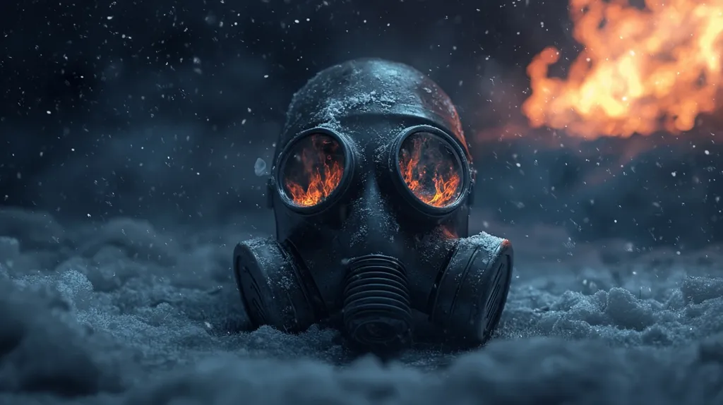 A gas mask, dusted with snow, sits in the foreground.  The eyepieces glow with an inner fire, contrasting sharply with the cold, snowy landscape.  In the background, a blurry orange blaze suggests a fire, creating a dramatic juxtaposition of heat and cold, destruction and resilience. The overall atmosphere is dark, moody, and evokes a sense of post-apocalyptic desolation.  Snowflakes fall in the air.