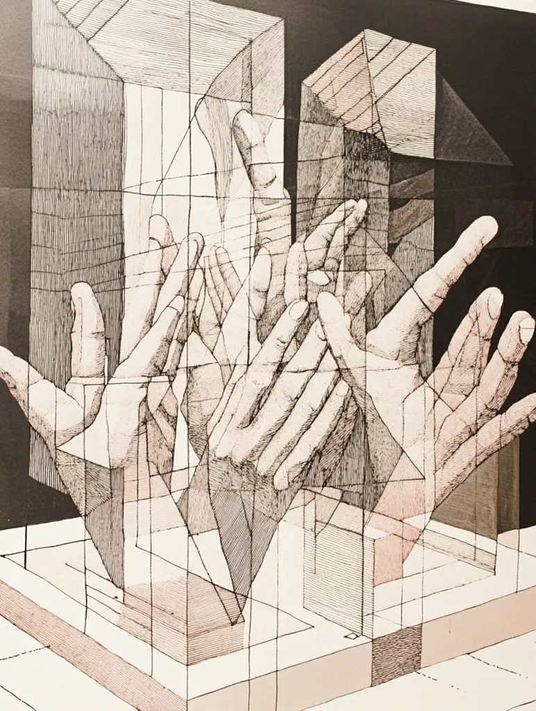 The artwork is an abstract depiction of numerous hands emerging from and interacting with a complex, geometric structure.  The style is reminiscent of Cubism or Constructivism, utilizing hatched lines to create depth and form within the overlapping structures.  Hands, rendered with detailed linework, appear to be reaching, grasping, or interacting with each other within a framework of intersecting planes and cubes. The overall effect is one of both architectural precision and organic movement, creating a sense of both confinement and potential. The color palette is limited, primarily using shades of beige and brown against a dark background.