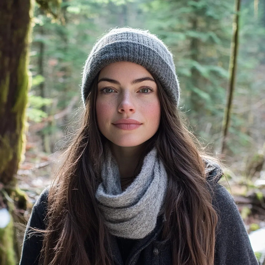 Here is a description of the image:

Close-up portrait of a young woman with long, dark brown hair, wearing a gray knit beanie and a matching infinity scarf. She has fair skin with subtle freckles and is looking directly at the camera with a serene expression. The background is blurred but shows a lush, evergreen forest, suggesting a natural outdoor setting.  Her gaze is calm, and her overall appearance conveys a sense of quiet beauty and naturalness.
