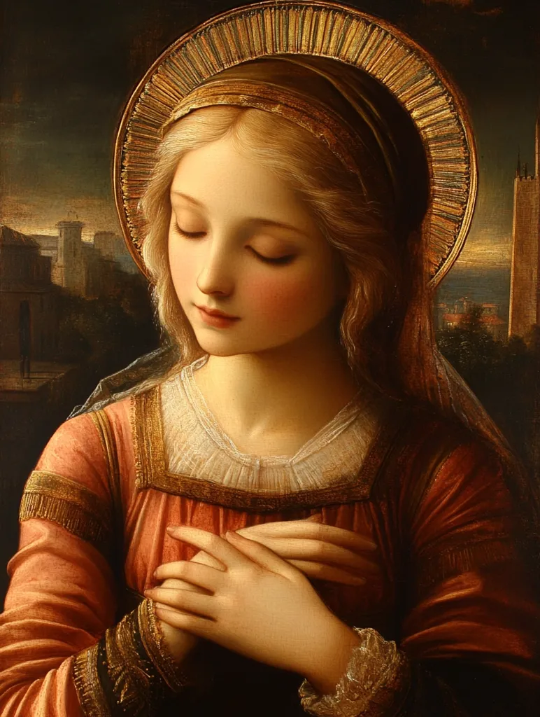A painting depicts a young woman, possibly the Virgin Mary, with her eyes closed in prayer.  She's adorned in a rich, reddish-brown gown with gold accents and a delicate white lace collar. A golden halo frames her blonde hair, which cascades over her shoulders. Her hands are clasped over her heart, conveying serenity and devotion. The background suggests a distant, idyllic landscape with buildings and a tranquil sky. The overall style is reminiscent of Renaissance religious painting, emphasizing soft light and delicate features.