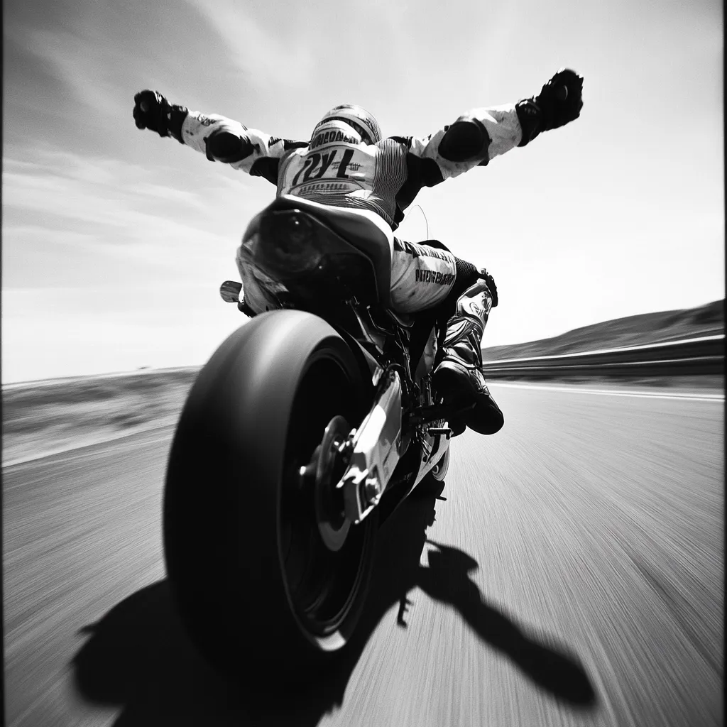 Here's a description of the image:

A black and white, dynamic photograph captures a motorcycle racer speeding down a road. The rider, clad in full leathers and a helmet, has their arms outstretched, conveying a sense of exhilaration and freedom.  The bike is in sharp focus, while the background blurs due to the motion, emphasizing speed.  The overall aesthetic is gritty and powerful, highlighting both the rider's skill and the thrill of the ride. The bright sunlight and clear sky contrast with the dark tones of the motorcycle and the rider's gear.