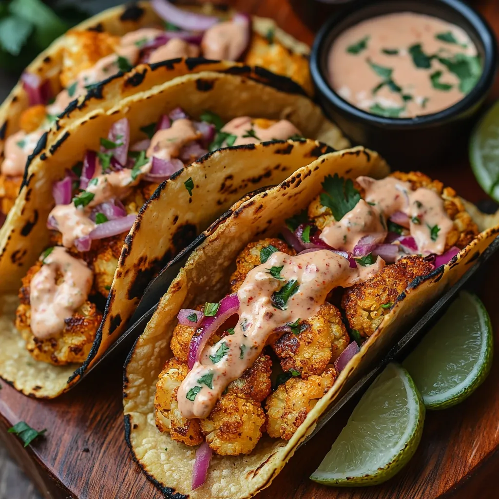 Three delicious-looking cauliflower tacos are the focus of this close-up shot.  The warm tortillas are filled with seasoned, roasted cauliflower florets, topped with a creamy pink sauce, finely chopped red onions, and fresh cilantro.  A small bowl of extra sauce and lime wedges sit beside the tacos on a dark wooden board. The overall lighting and styling suggest a food photography setup, emphasizing the textures and colors of the dish.