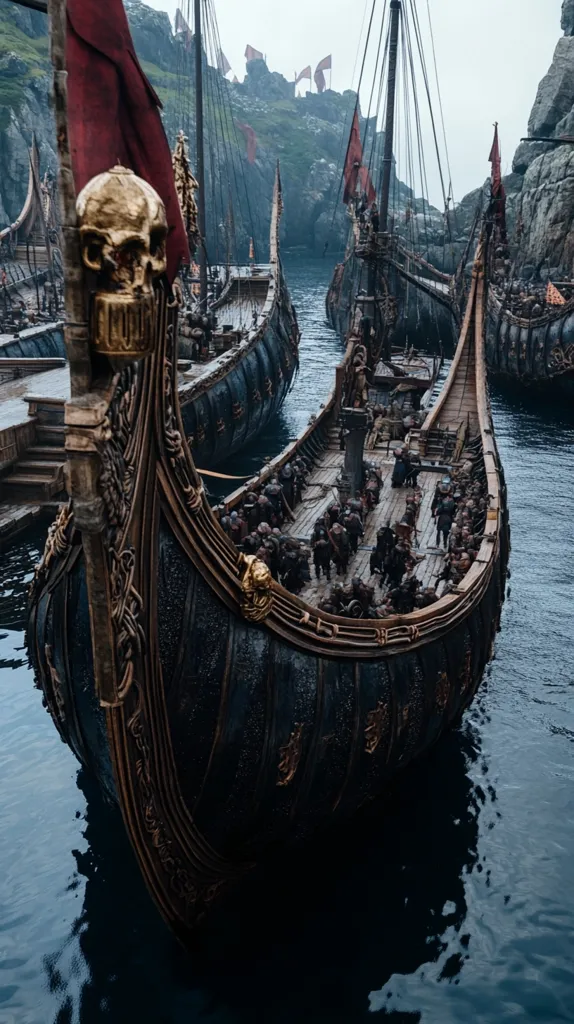 Here's a description of the image in under 100 words:

The image showcases a fleet of intricately carved, dark-colored longships, possibly Viking vessels, anchored in a calm, gray-toned body of water.  A prominent ship in the foreground features a golden skull figurehead.  The ships are laden with numerous people, suggesting a sizable crew or army.  Rocky, green hills and red flags on distant ships complete the scene, evoking a dramatic and historic atmosphere. The overall mood is somber and powerful.