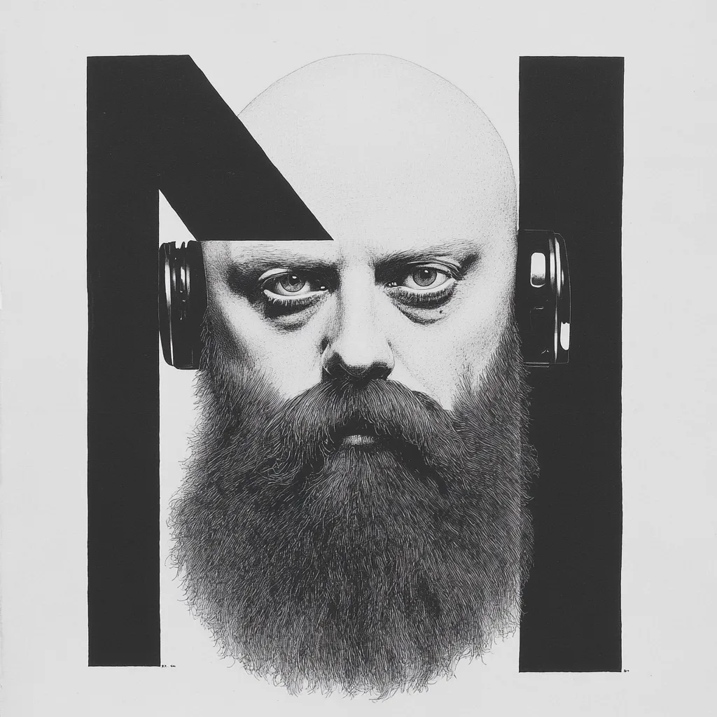 The artwork is a black and white pen-and-ink drawing of a man's head and shoulders.  He is bald except for a full, meticulously rendered beard. He wears over-ear headphones. The portrait is bisected by a bold, black graphic element resembling the letter "N", creating a strong geometric contrast against the realistic depiction of the man's face.  The style is simultaneously realistic and abstract, combining detailed rendering with stark graphic design. The overall effect is one of contemplative intensity.