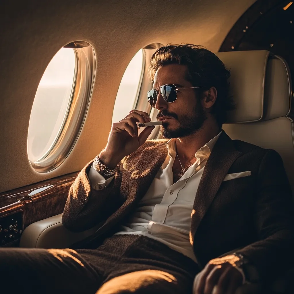 Here's a description of the image:

A stylish man with dark hair and a beard sits in a luxurious private jet, bathed in warm, golden light. He's dressed in a brown suit, crisp white shirt, and aviator sunglasses. He holds a slender object, possibly a cigarette or vape, to his lips.  The opulent interior of the aircraft is visible, with plush leather seating and large oval windows offering a view of the passing clouds (though not clearly defined). The overall mood is one of relaxed affluence and sophisticated travel.