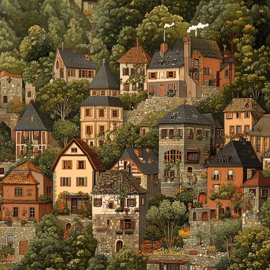A vibrant illustration depicts a hillside village nestled amidst lush greenery.  Stone houses, varying in size and architectural style, climb the slope.  Some are multi-storied, others smaller and quaint.  Window boxes overflow with flowers, adding color to the scene.  The overall effect is one of charming, idyllic European village life.  Smoke rises from chimneys, suggesting a cozy, inhabited community. The image is detailed and rich in color, reminiscent of vintage artwork.