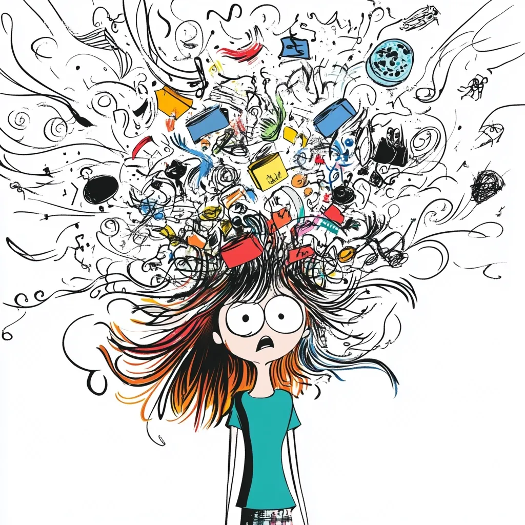 The illustration depicts a cartoon girl with wildly chaotic hair, overflowing with a multitude of colorful, swirling objects and abstract scribbles.  Her wide, startled eyes and open mouth express overwhelming stress or anxiety. The image visually represents a cluttered, overloaded mind, possibly symbolizing feelings of overwhelm, stress, or mental chaos. The style is expressive and somewhat whimsical, despite the intense emotional message conveyed.