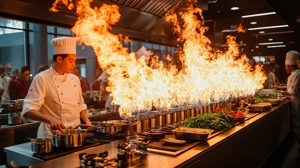 A young chef, wearing a pristine white toque and jacket, expertly prepares a dish amidst a spectacular display of flames.  Multiple pans sit on a long, stainless steel kitchen counter, each emitting vibrant, controlled fire.  The scene is dramatic, highlighting a high-intensity culinary environment.  Other chefs and onlookers are visible in the background, adding to the bustling atmosphere of a professional kitchen.  The overall impression is one of skill, precision, and culinary artistry.