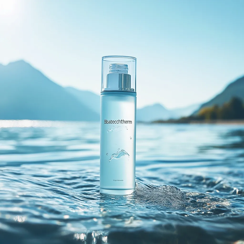 A bottle of Bbatechtherm skincare product sits gently on the surface of calm, clear water.  The bottle is cylindrical with a transparent body showing a light blue liquid, and a silver top.  The background features a serene landscape of mountains and a tranquil lake under a bright, clear sky, creating a feeling of purity and natural beauty. The overall image emphasizes the product's connection to nature.