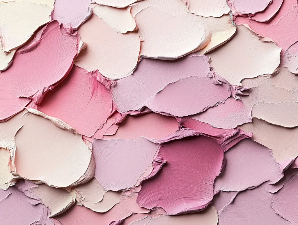 Here's a description of the image:

The image is an abstract close-up of thickly applied paint, showcasing a palette of pastel pinks and creams.  The paint is textured with visible brushstrokes and impasto technique, creating a series of irregular, overlapping shapes.  The colors blend subtly, with shades ranging from pale beige to deep rose, resulting in a soft, almost ethereal effect. The overall composition is organic and visually appealing, reminiscent of a textured surface or perhaps a close-up of a floral arrangement.