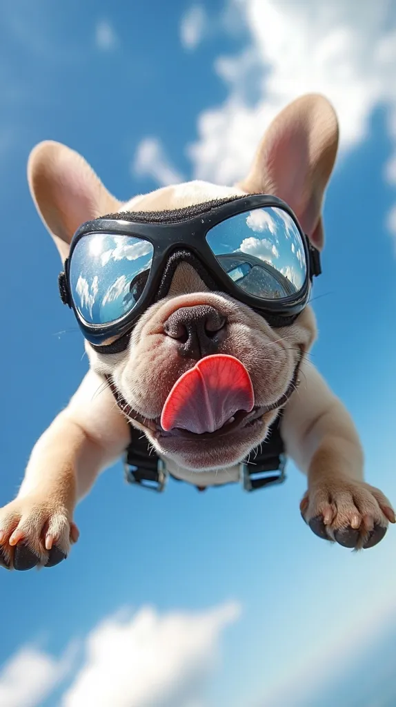Here's a description of the image:

A low-angle, close-up shot captures a French Bulldog puppy seemingly suspended in mid-air against a vibrant blue sky dotted with fluffy white clouds.  The puppy is wearing mirrored aviator-style goggles, reflecting the sky. Its tongue hangs out playfully, and its paws are extended, creating a sense of motion and fun. The overall impression is one of exhilaration and carefree joy, with the image likely staged to create a whimsical and adorable effect.