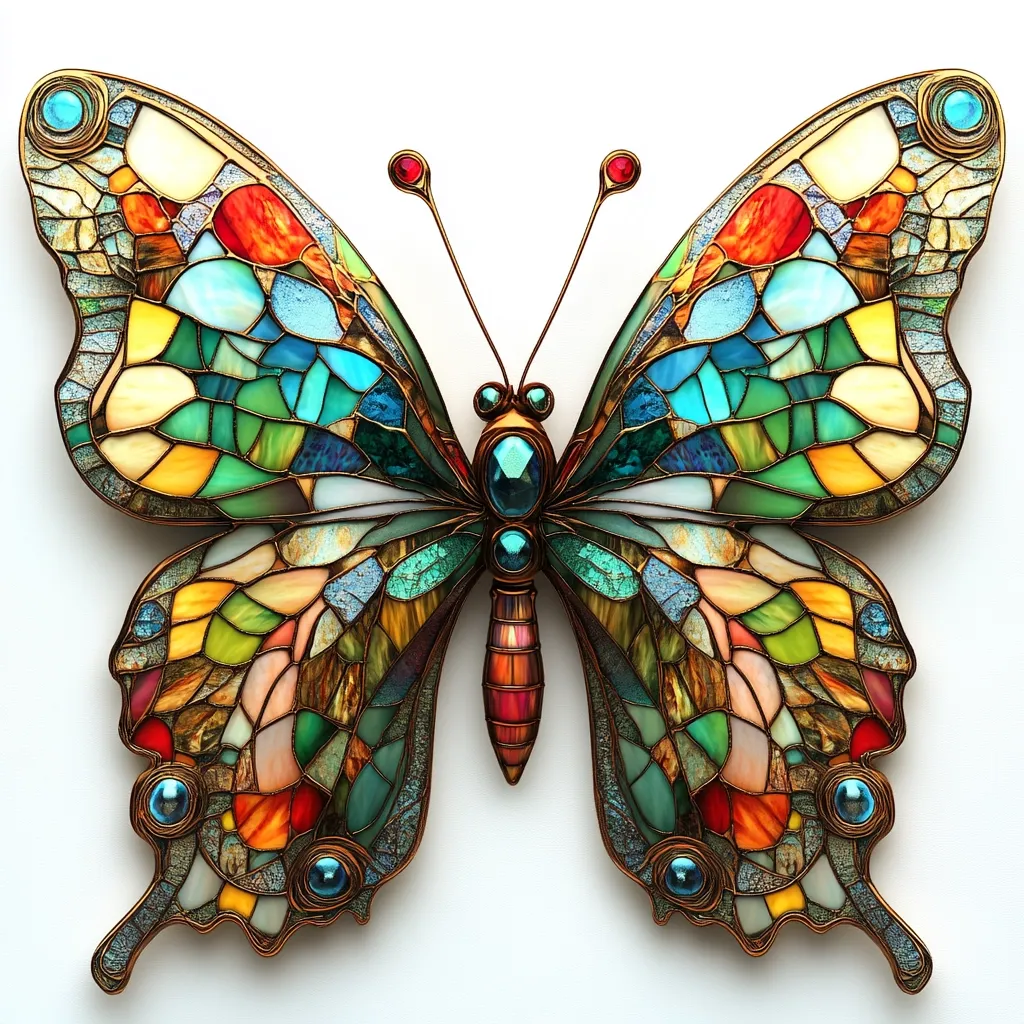 Here's a description of the image:

The image shows a meticulously crafted butterfly, rendered in a style reminiscent of stained glass.  Its wings are a mosaic of vibrant colors—turquoise, emerald green, amber, and fiery orange—set within a framework of burnished gold.  Darker teal and blue accents add depth.  Small, jewel-toned accents are embedded at the wingtips and body, enhancing the luxurious effect. The butterfly is presented against a stark white background, which makes its intricate details and rich colors stand out dramatically.  The overall impression is one of elegance and artistic skill.
