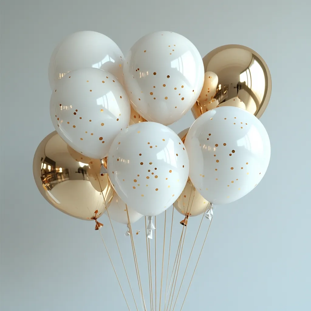 A cluster of elegant balloons floats against a muted gray backdrop.  The bunch includes several off-white balloons speckled with gold confetti, and a few glossy gold balloons.  The balloons are tied together with thin, gold strings, creating a visually appealing and celebratory arrangement.  The overall aesthetic is sophisticated and minimalist, suggesting a refined celebratory event.