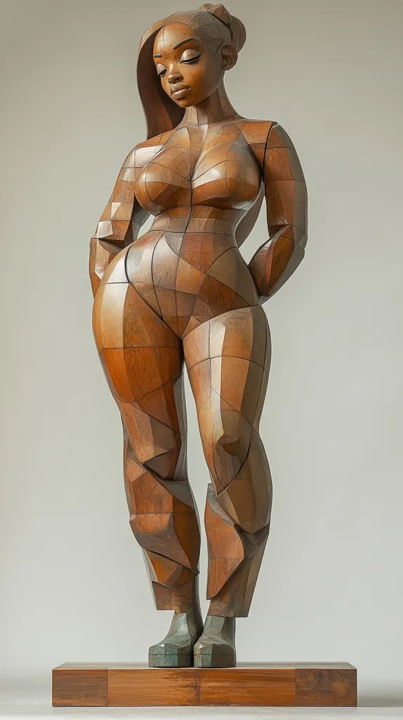 A striking wooden sculpture of a woman stands poised, her body composed of geometric, interlocking pieces. The rich brown wood reveals the artist's meticulous craftsmanship. Her head is slightly bowed, and her long hair flows down her back. The figure is rendered in a cubist style, its fragmented form adding to its unique character. She stands on a simple wooden base, completing the artwork’s understated elegance. The sculpture’s thoughtful pose and stylized form capture a moment of quiet contemplation.