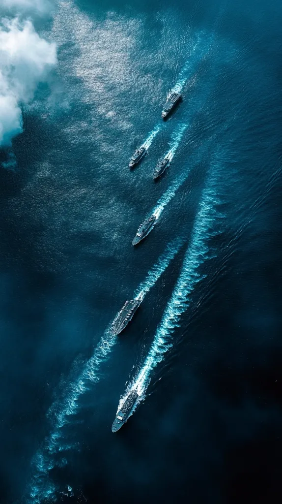 Here's a description of the image:

An aerial, high-angle shot captures five navy warships navigating a deep blue ocean. They're arranged in a slightly staggered formation, their wakes creating dynamic white trails across the water's surface.  The ships are dark grey or black, contrasting sharply with the vibrant blue of the sea.  A portion of a white cloud is visible in the upper left corner, adding contrast to the otherwise dark scene. The overall image is dramatic and evokes a sense of power and movement.