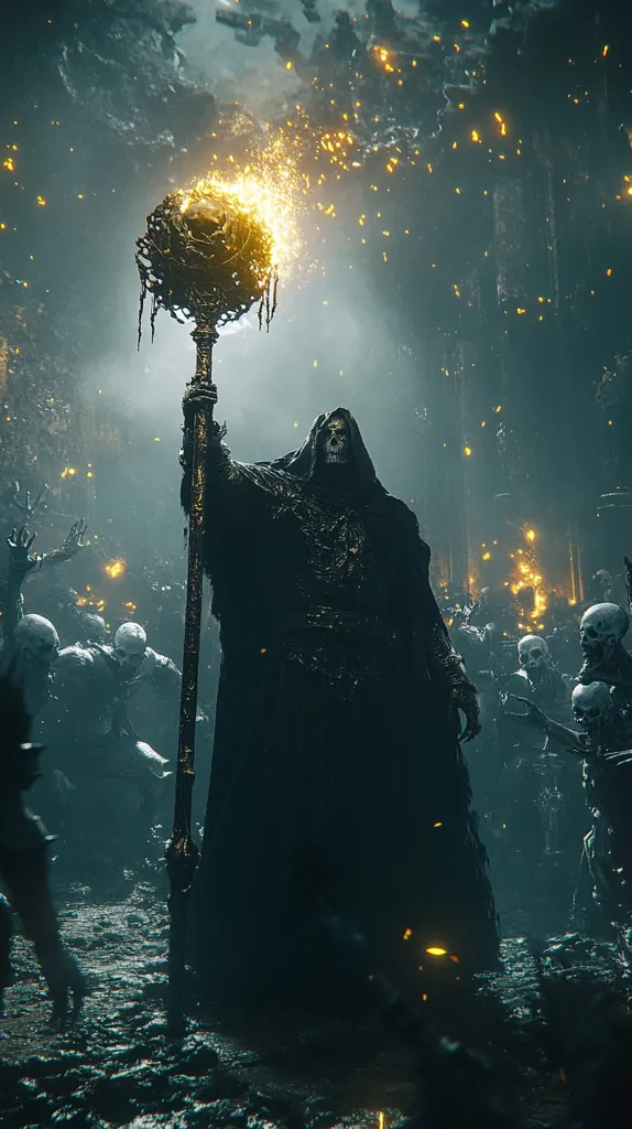 A skeletal figure, cloaked in dark robes, stands tall, wielding a staff topped with a burning, skull-like orb.  Sparks and embers rain down around him.  He is surrounded by a horde of shadowy, skeletal creatures, their forms indistinct in the dim light. The scene is dark and ominous, evoking a sense of dread and powerful, dark magic.  The overall atmosphere is one of fantasy, perhaps depicting a necromancer or powerful dark lord commanding an undead army.