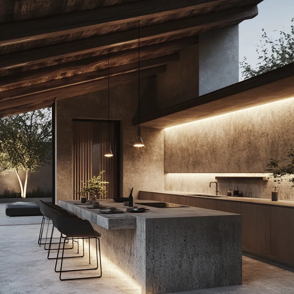 Here's a description of the image:

The image showcases a modern, minimalist kitchen with a concrete island as its centerpiece.  Warm, indirect lighting illuminates the space, highlighting the raw texture of the concrete countertops and walls.  Dark wood beams form a dramatic ceiling, contrasting with the lighter colored concrete.  Sleek, black bar stools sit at the island.  A muted color palette of greys and browns creates a serene atmosphere.  Large windows offer a view of a tranquil outdoor area.  The overall design blends indoor and outdoor elements, creating a sophisticated and calming space.