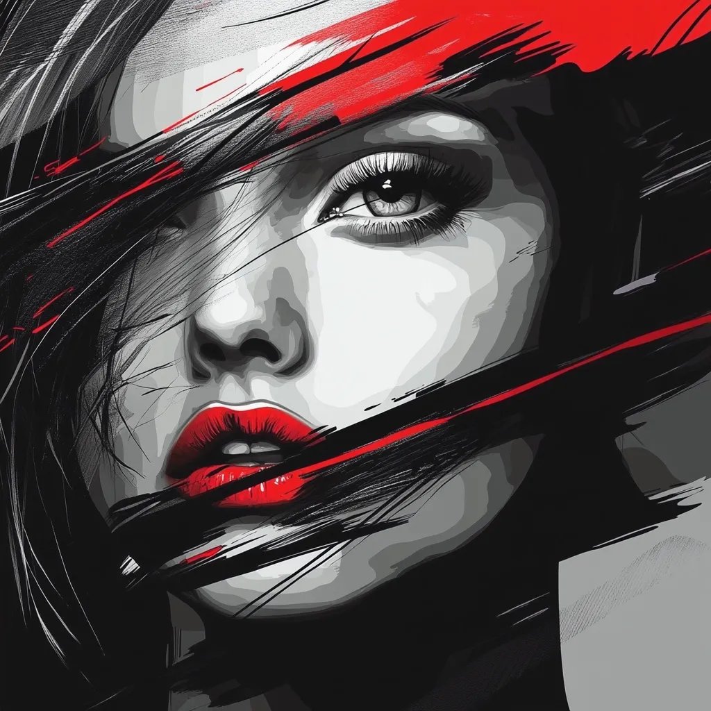 Here's a description of the image:

The artwork is a stylized portrait of a woman's face, rendered in grayscale with striking accents of red. Her dark hair flows dramatically, partially obscuring her face, creating a sense of movement and mystery.  Bold, red brushstrokes slash across the image, contrasting sharply with the black and white tones. Her lips are a vibrant red, drawing attention to her sensual expression. The overall style is a blend of realism and abstract expressionism, showcasing both detailed features and dynamic brushwork.  The piece evokes a mood of both power and vulnerability.