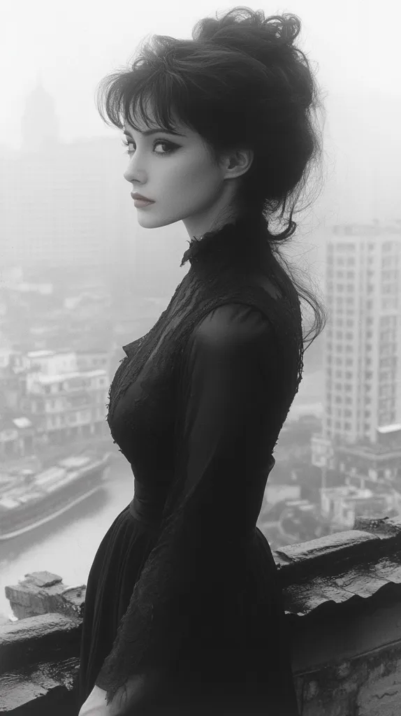 Here's a description of the image:

A black and white, medium shot features a woman with dark hair styled in a high, voluminous updo. She's wearing a dark, long-sleeved dress with a high neck and lace detailing. Her gaze is directed away from the camera, toward a cityscape visible in the hazy background.  The city appears somewhat aged, with buildings that suggest an older urban area. The overall mood is melancholic and somewhat mysterious. The contrast between the dark dress and the light fog creates a dramatic effect.