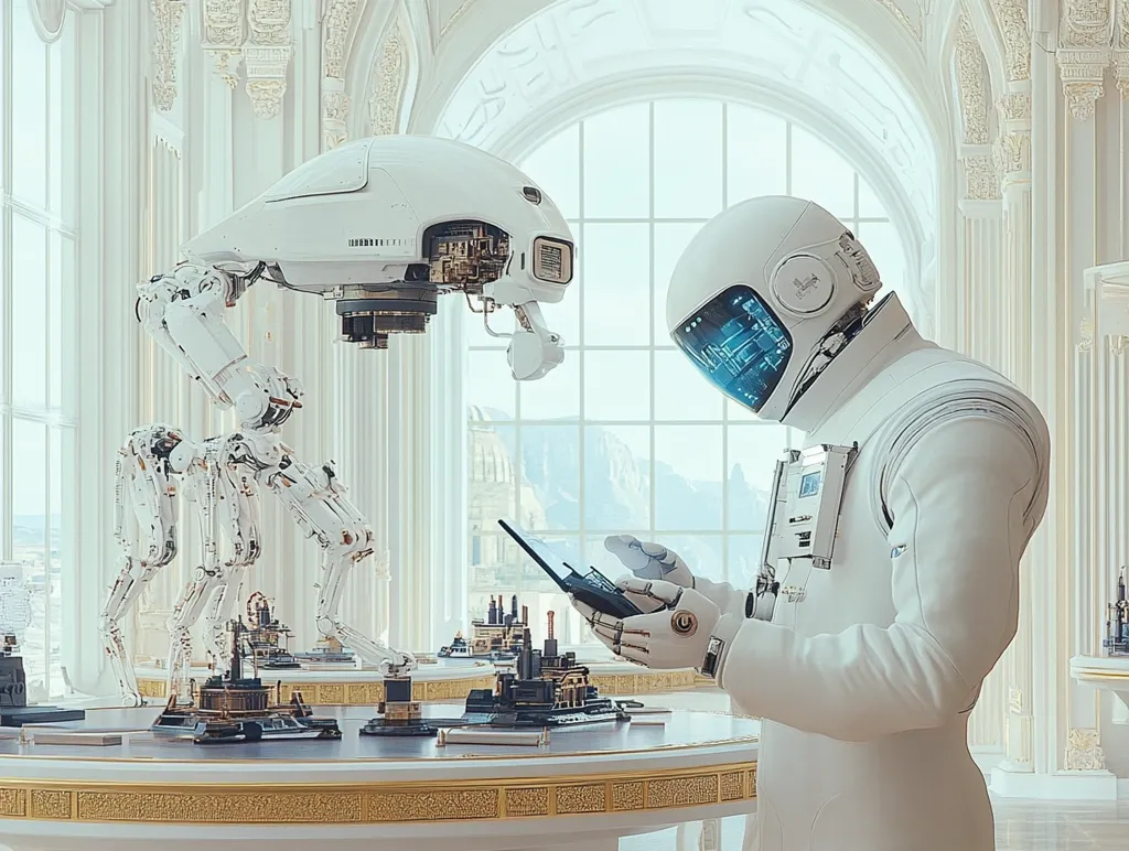An astronaut in a pristine white spacesuit examines a tablet in a grand, white, classical-style hall.  A complex, spindly white robotic creature stands nearby on a table displaying miniature cityscapes.  The scene is brightly lit and evokes a sense of futuristic exploration or scientific advancement. The robot appears delicate yet technologically advanced, contrasting with the astronaut's more robust suit. The overall aesthetic is clean, modern, and sophisticated.