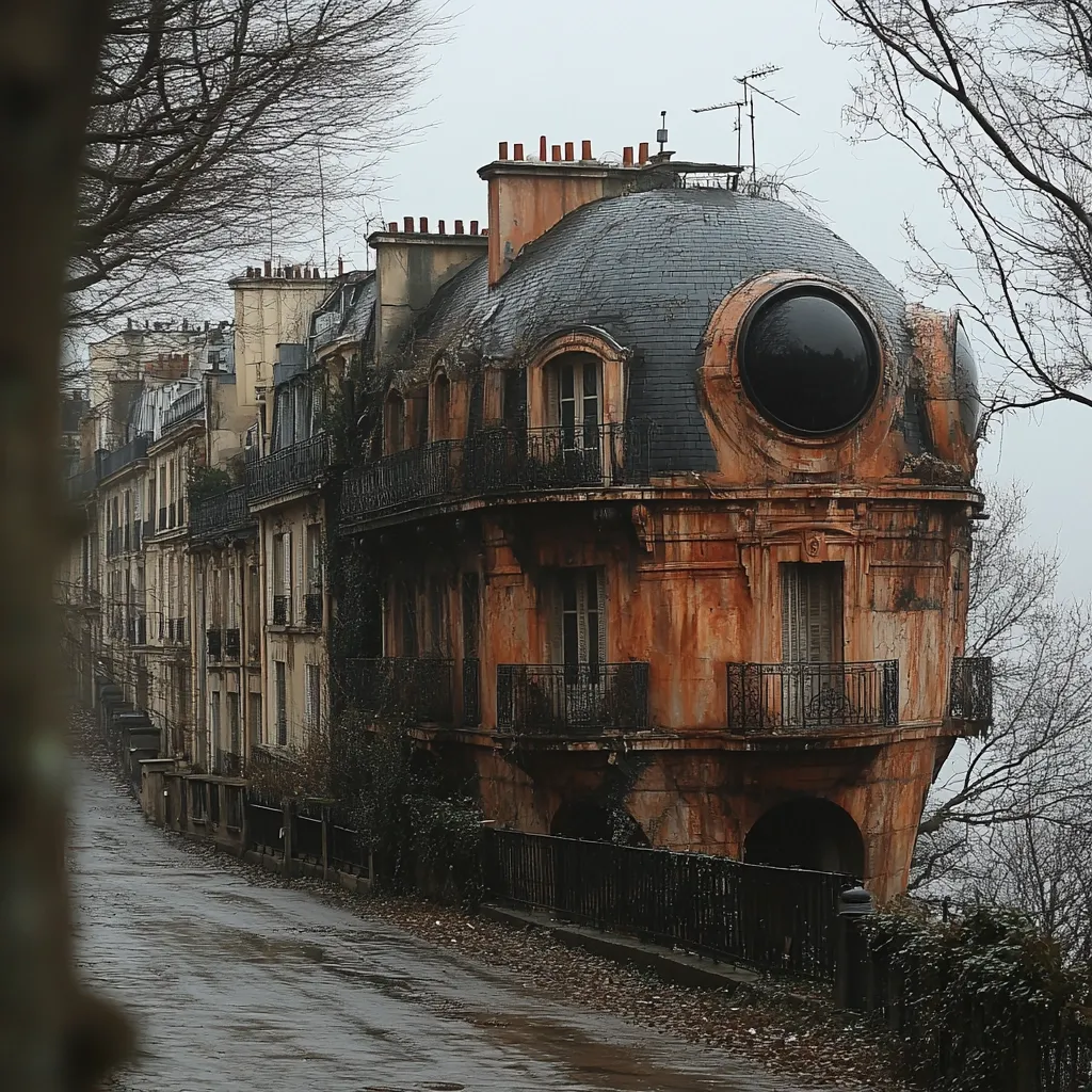 Here's a description of the image:

A weathered, multi-story building, seemingly old and possibly abandoned, dominates the scene.  Its unique feature is a large, round window resembling a porthole on the domed top section. The building is a reddish-brown hue, showing signs of age and decay, with dark metal balconies and railings. It stands on a slight incline, next to a row of similar but less distinctive buildings. A wet, dark road stretches alongside the buildings, leading towards the background under a gray, overcast sky. Bare, winter trees frame the scene. The overall atmosphere is somber and mysterious.