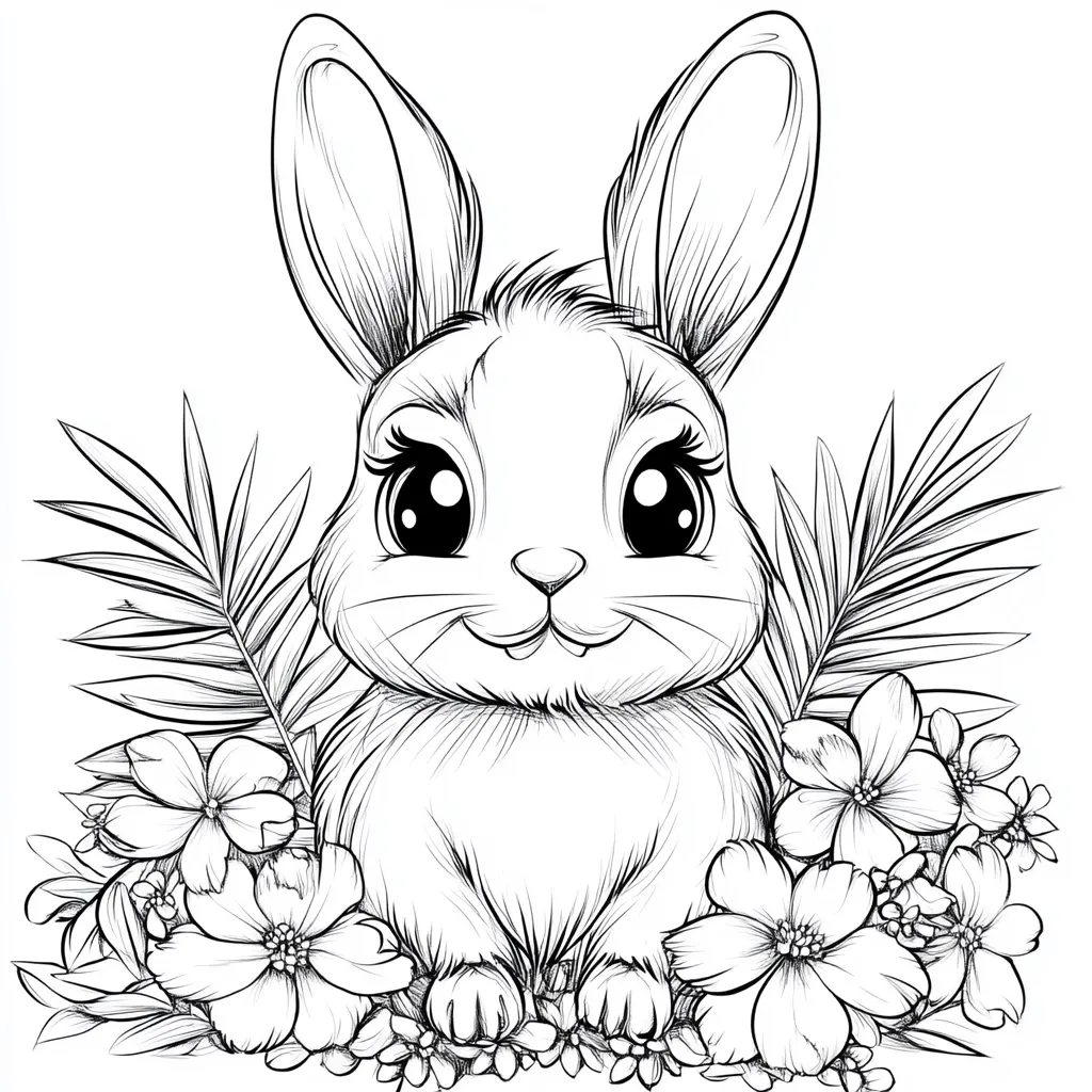 Here's a description of the image:

The illustration shows a cute, cartoon-style bunny rabbit sitting amidst a cluster of flowers and palm fronds.  The rabbit has large, expressive eyes, long ears, and a cheerful expression.  The flowers are detailed and appear delicate, creating a soft contrast to the bunny's slightly more defined lines. The entire image is rendered in black and white, suitable for coloring. The style is reminiscent of children's book illustrations or coloring pages.