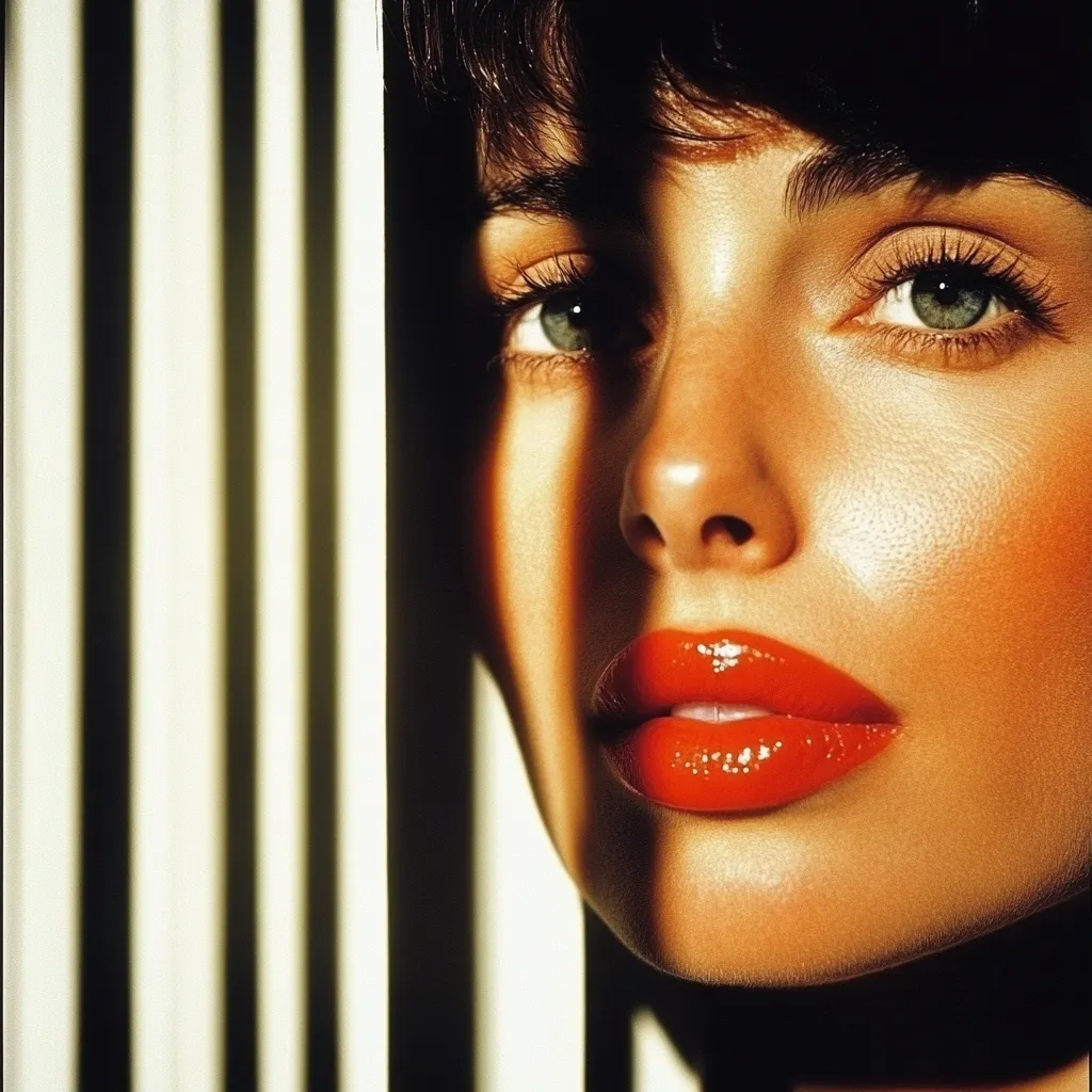 Close-up of a woman's face, partially obscured by vertical lines, possibly a radiator or blinds.  Her sun-kissed skin glows, highlighted by strong sunlight casting shadows across her face.  She has dark hair, striking green eyes, and vibrant red lipstick.  The image evokes a feeling of warmth and summer, with a focus on the woman's beauty and the contrast of light and shadow.