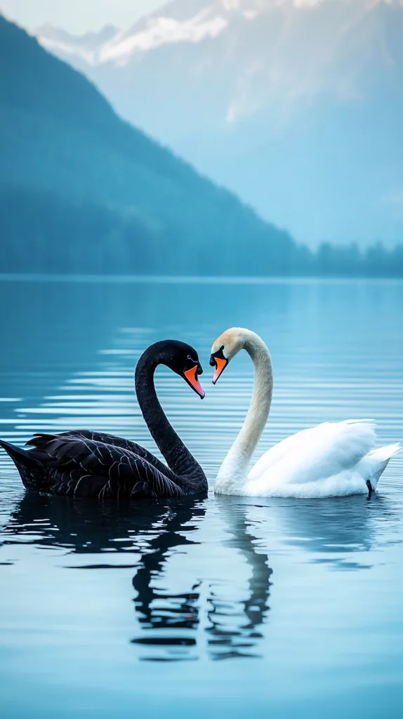 Here's a description of the image:

A black swan and a white swan are the focal point of this serene image, their necks intertwined in a heart shape on a calm, blue lake.  The swans' reflections are mirrored perfectly in the still water.  A softly blurred mountain range forms a tranquil backdrop, the muted blues of the sky and mountains complementing the serene scene. The overall mood is one of peace, love, and natural beauty.