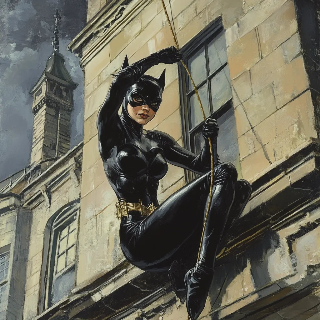 A striking illustration depicts Catwoman, in her signature black leather suit and mask, perched precariously on a building's exterior.  She grips a rope, suggesting a daring descent or ascent. The background showcases a weathered, imposing stone building with a gothic-style tower. The overall style is painterly, with a focus on textures and dramatic lighting, lending a sense of both danger and elegance to the scene. Catwoman's expression is confident and determined.