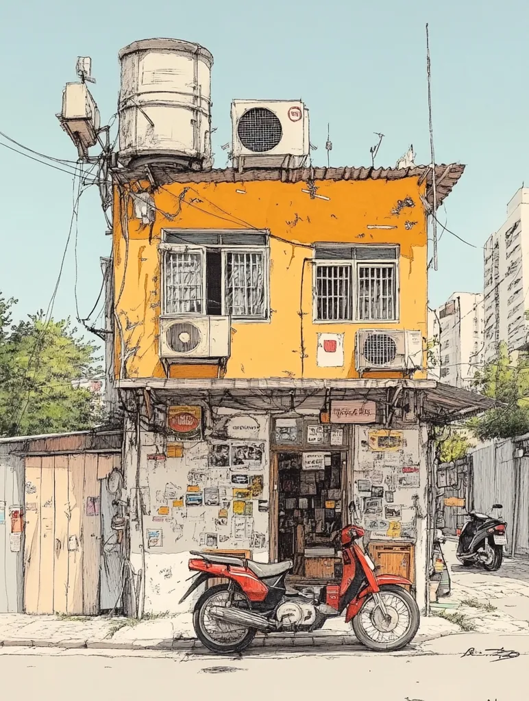 Here's a description of the image:

The illustration depicts a vibrant, two-story building, painted a sunny yellow, situated on a city street.  The building's exterior is weathered, showing its age through peeling paint and a cluttered facade.  Various air conditioning units, a water tank, and tangled wires crown the roof. The ground floor appears to be a small shop, its walls plastered with advertisements and notices. A red scooter is parked in front. To the side, a partially visible wooden structure and another scooter suggest a bustling neighborhood. The style is reminiscent of a detailed sketch, with pen and ink lines defining the scene, evoking a sense of lived-in urban character.  The background hints at taller buildings and trees, completing the urban setting.