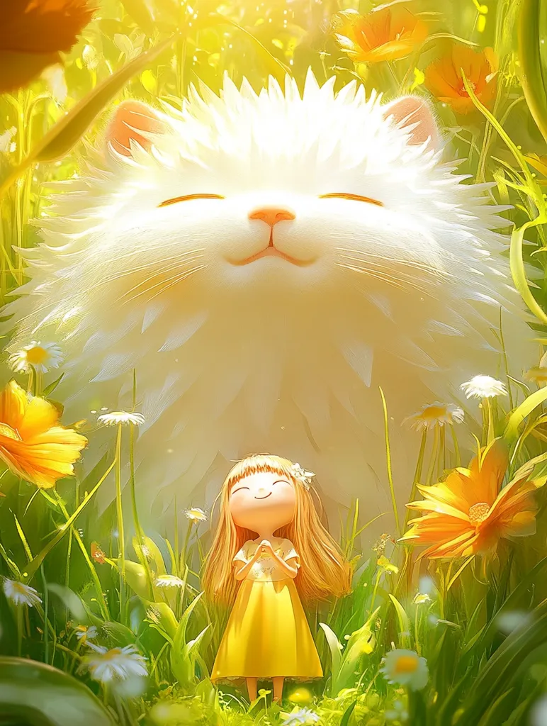 A whimsical illustration depicts a giant, fluffy white cat with closed eyes, basking in a sunlit meadow of yellow and white wildflowers.  A small girl with long blonde hair, wearing a yellow dress, stands contentedly before the cat, her hands clasped together. The scene is vibrant and cheerful, conveying a sense of peace and gentle joy. The soft lighting and pastel colors enhance the dreamlike quality of the image.