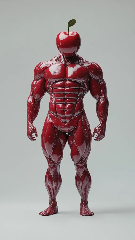 Here's a description of the image:

The image shows a 3D rendering of a muscular, humanoid figure. Its head is replaced by a shiny, red apple with a green stem. The figure's body is highly detailed, showcasing individual muscles and tendons in a deep red, almost fleshy tone.  The pose is upright and still, with the figure standing against a plain light grey background. The overall style is surreal and slightly unsettling, combining elements of anatomical accuracy with an unexpected, fruit-headed replacement.